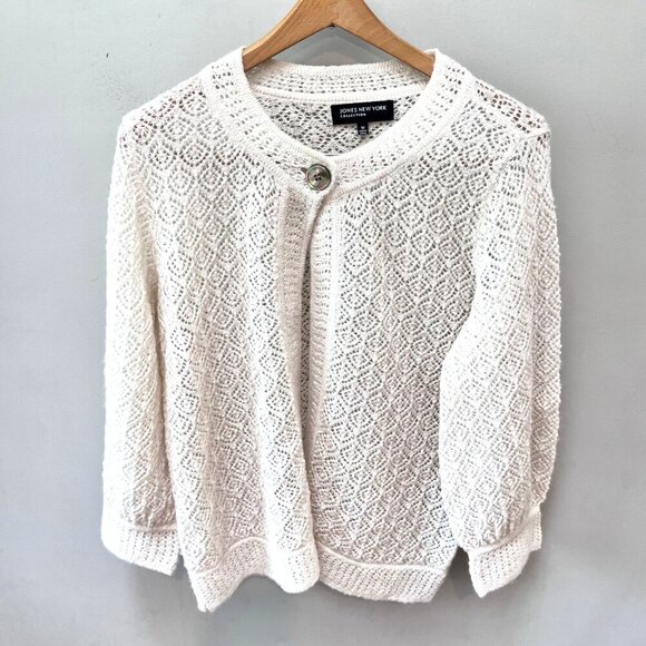 Jones New York Womens Ivory Knitted‎ Lace Mohair and Wool Cardigan Sweater M - Picture 1 of 7